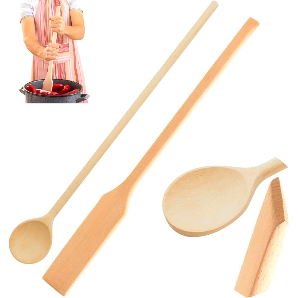 Mr.Woodware Wooden Kitchen Utensils- 24 Inch Long Handle Beech Wood Wok Spatula and Cooking Spoon - 2 in 1 Wooden Cooking Utensils Set for Mixing in Big Stock Pots Cauldron (Spoon)